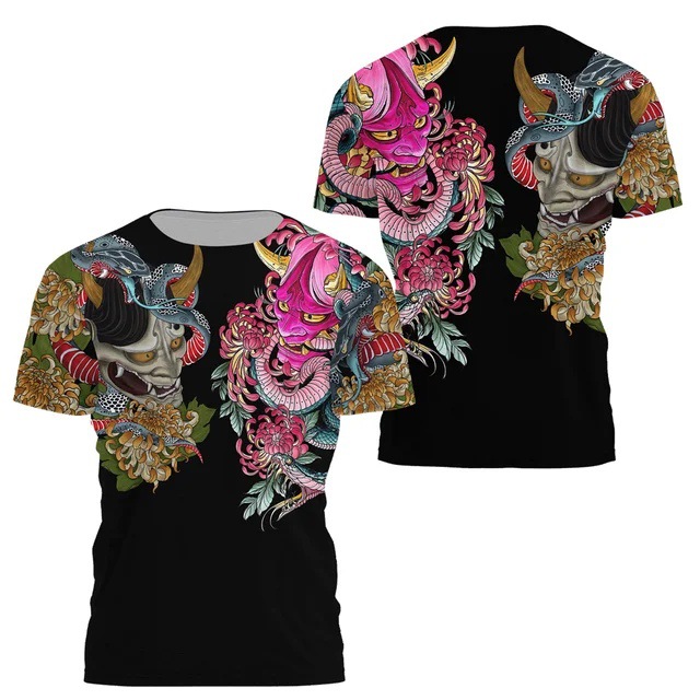Tinta Jianghu Swordsman 3D Impresión digital Moda de la calle principal para hombres Camiseta de cuello redondo de manga corta transpirable de malla suelta