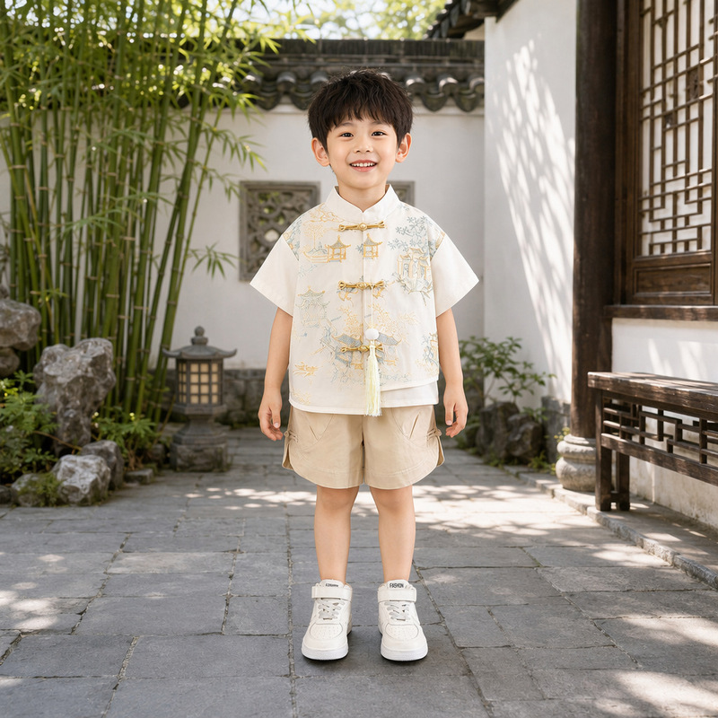 Boys' Summer Hanfu Set, Sweat-Absorbent and Anti-Pilling, New Chinese Style Embroidered Hanfu Two-Piece Summer Outfit, Children's Tang Suit Boys' Summer Hanfu Set, Sweat-Absorbent and Anti-Pilling, New Chinese Style Embroidered Hanfu Two-Piece Summer Outfit, Children's Tang Suit