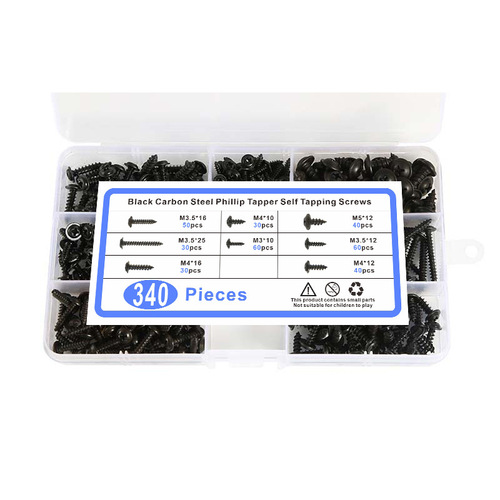 340pcs Black carbon steel PWA cross self-tapping screws with insert, round head screws with pads
