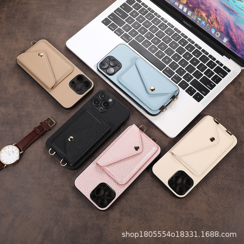 Suitable for iPhone 16 Pro Max Phone Case with Card Slot, Apple 14 Pro Crossbody Lanyard, Anti-Drop 17 Protective Case