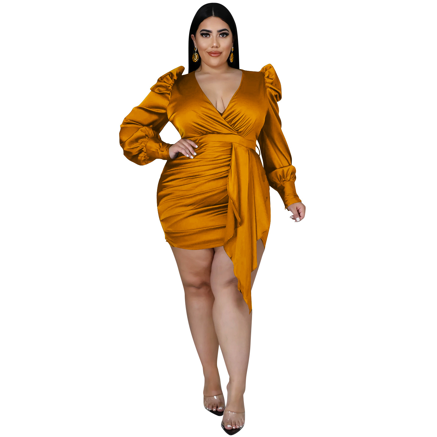 Solid Color Plus Size Deep V Long-Sleeved Pleated Dress NSXYZ110904