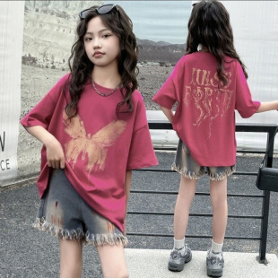 Girls Short-Sleeved T-Shirt Summer 2024 New Style Loose Kidsren's Half-Sleeved Tops Medium and Large Kidsren's Pure Cotton Summer Clothing Trend
