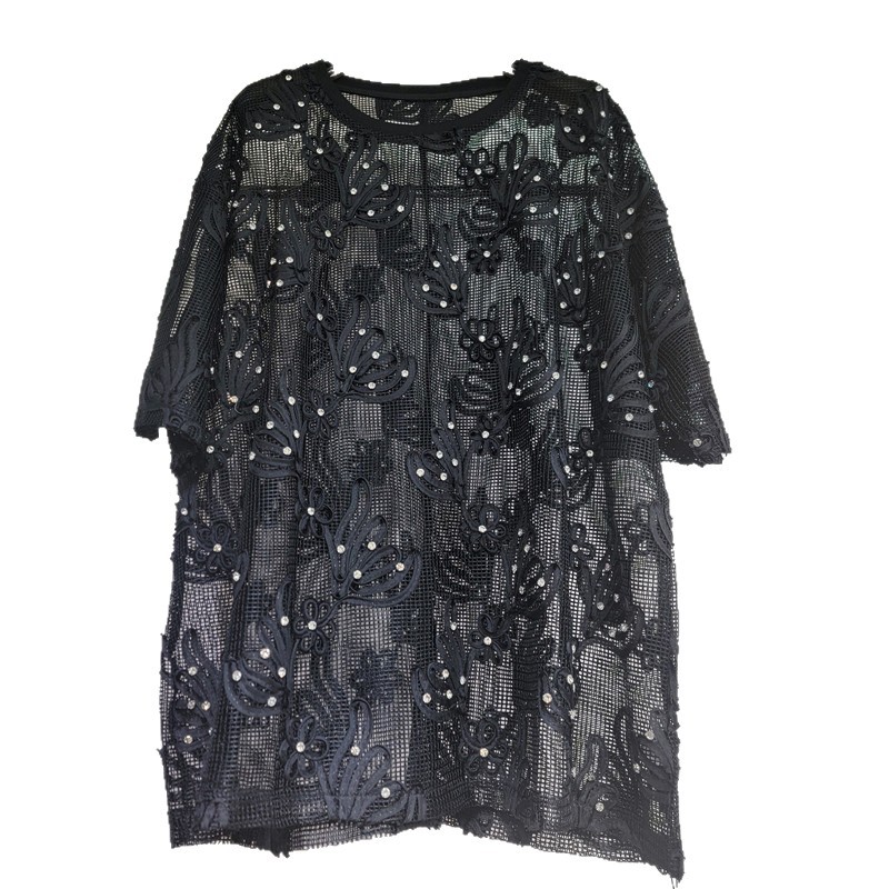 2026 verano nuevo estilo francés tierno viento encaje flor con diamantes de manga corta temperamento camiseta grande mujer