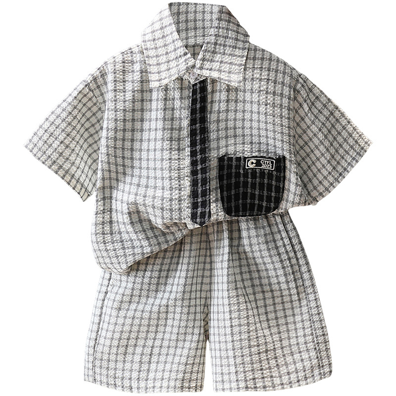 7178 Traje de camisa a cuadros para niños Vestido de verano delgado de manga corta y guapo 2025 Nuevo traje de verano para niños Verano de dos piezas
