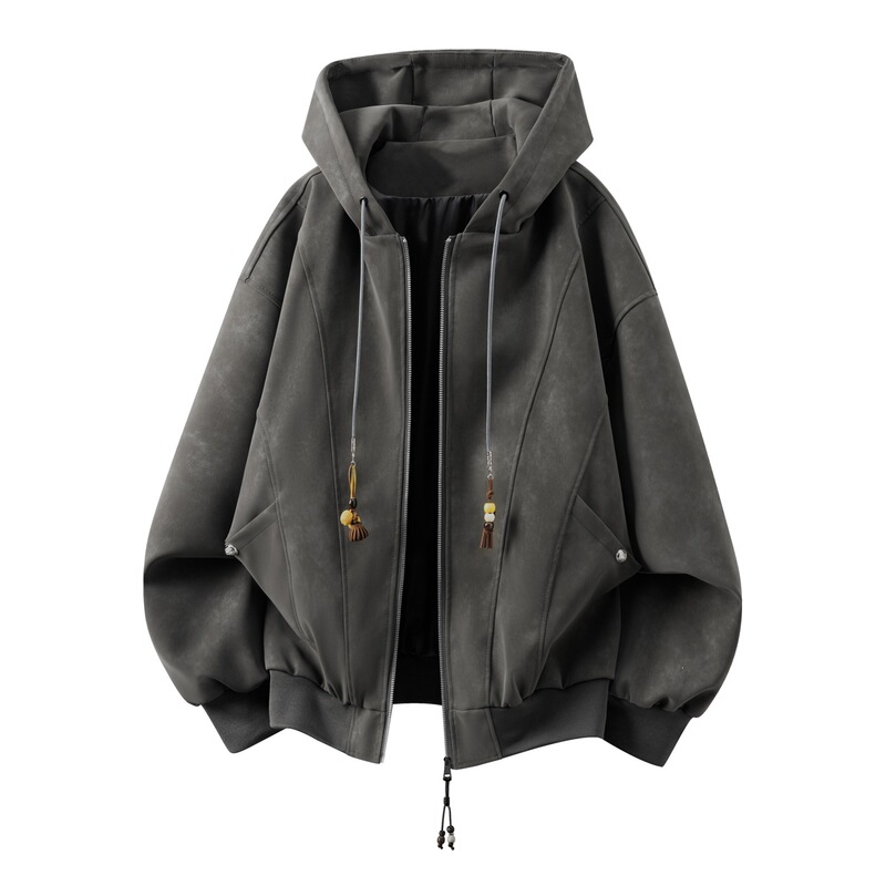 Cross-border 2026 New Autumn Men's Fashionable Matte Leather Jacket with Pendant and Hood, Tie-Dye PU Leather Coat, Men's Cardigan