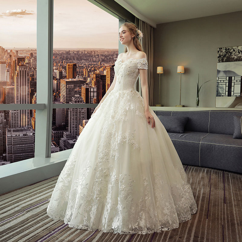 El Comercio exterior europeo y americano Amazon AliExpress desea soporte independiente fuera del hombro encaje con cuentas A-line vestido de novia largo hasta el suelo