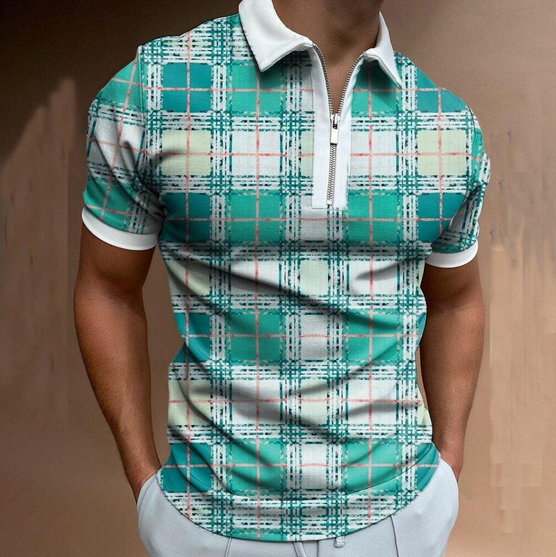 European and American summer new style classic plaid fashion digital print men's short-sleeve button-up polo shirt