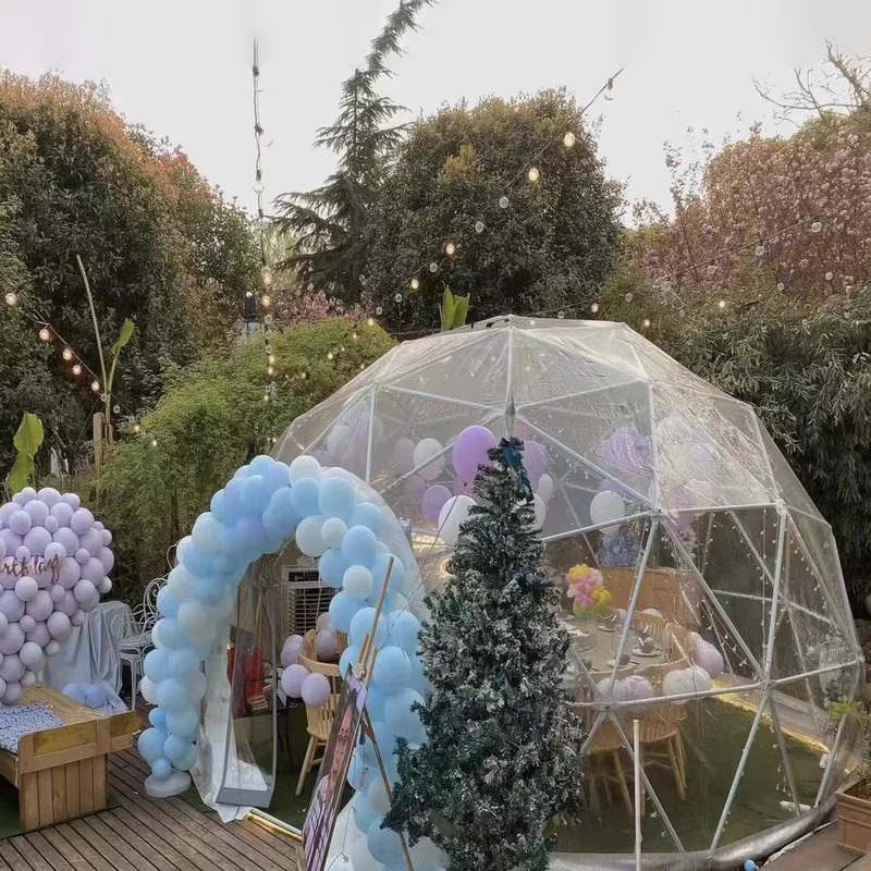 Red al aire libre tienda de restaurante celestial transparente tienda de campaña de luces de granja espectáculo de luz de barbacoa tienda de campaña esférica