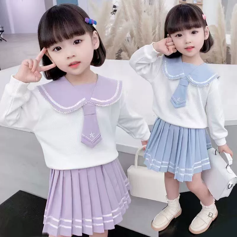 Autumn fashionable set, navy bow tie, pleated skirt, children's clothing, western style