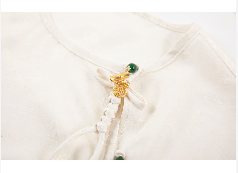 Áo sơ mi nữ satin jacquard phong cách Trung Quốc tay ngắn thanh lịch — màu trắng ngà chi tiết 11