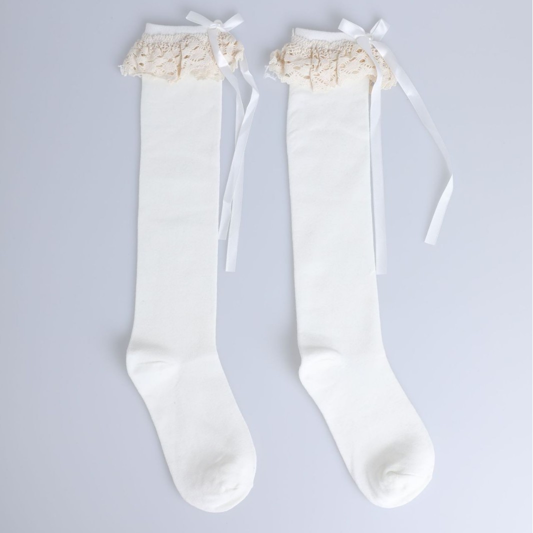 Calcetines de encaje por encima de la rodilla Calcetines de algodón Lolita pura leche blanca Medias de mujer estilo Ballet cinta costura