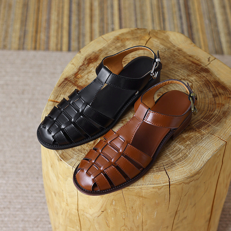 Dép sandal nữ quai chữ T dệt đế mềm phong cách retro — nâu