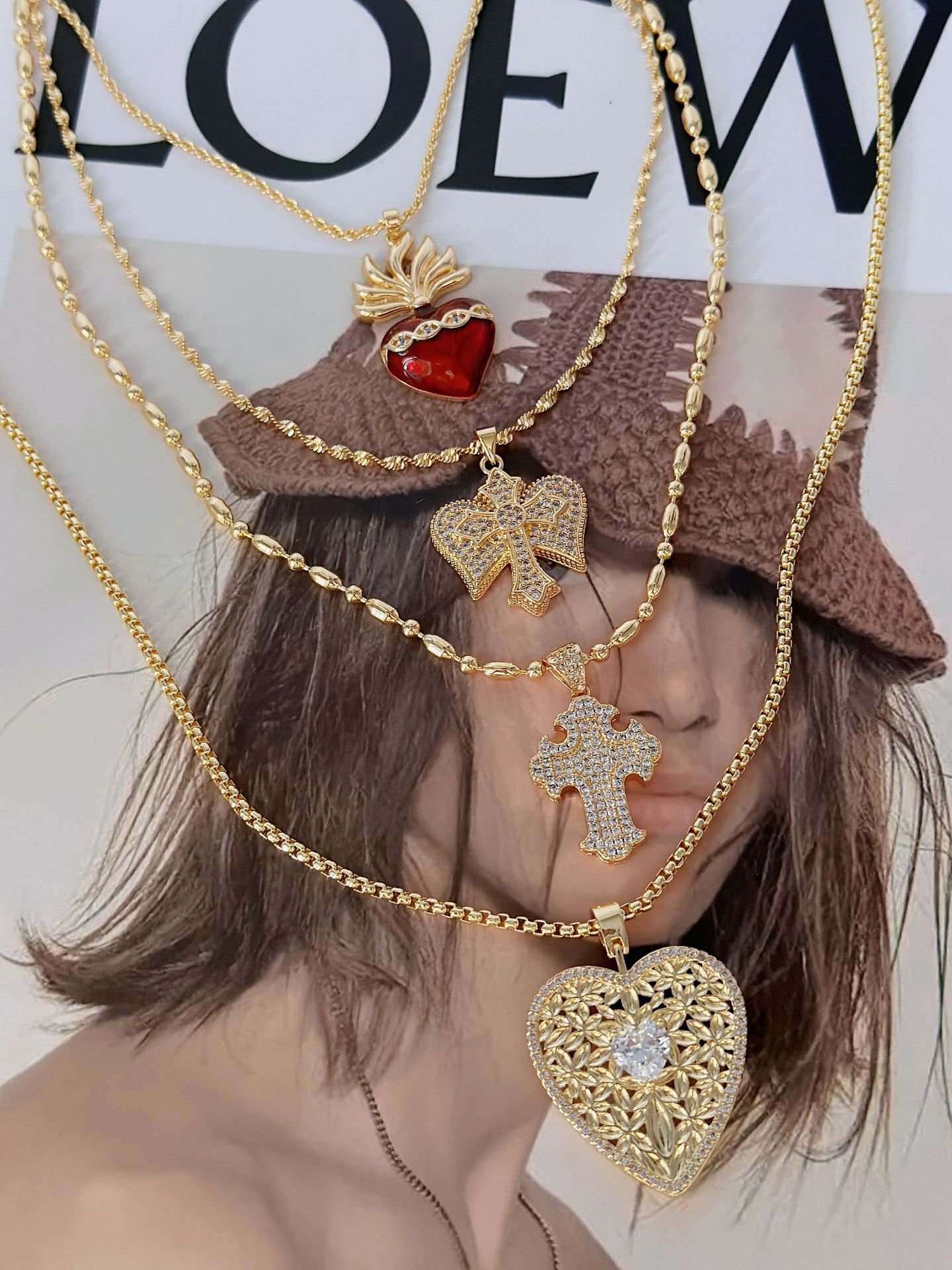 Pendant Necklace Classification Copper Chain Material Copper Plating Cross Heart Shape Pendant Necklace