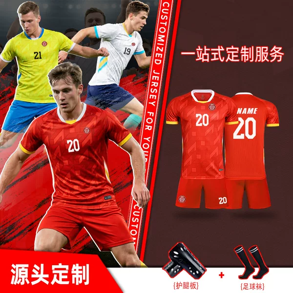 In-Stock Breathable Short-Sleeve Football Training Uniform Set with Printed Numbers and Names for Adults and Children, Unisex Competition Team Uniform