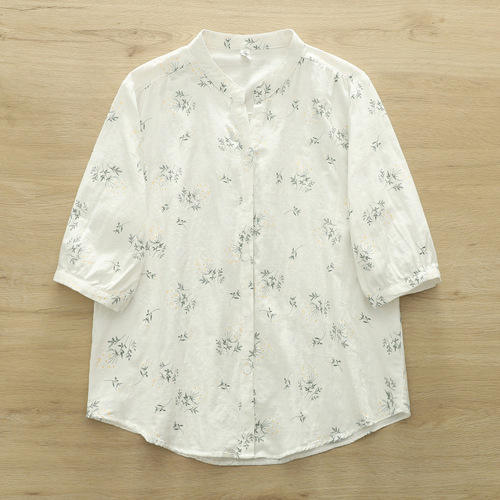 New Short-Sleeve Shirt with Double-layer Cotton Fabric, Fresh and Sweet V-Neck, Small Floral and Polka Dot Pure Cotton Blouse for Women