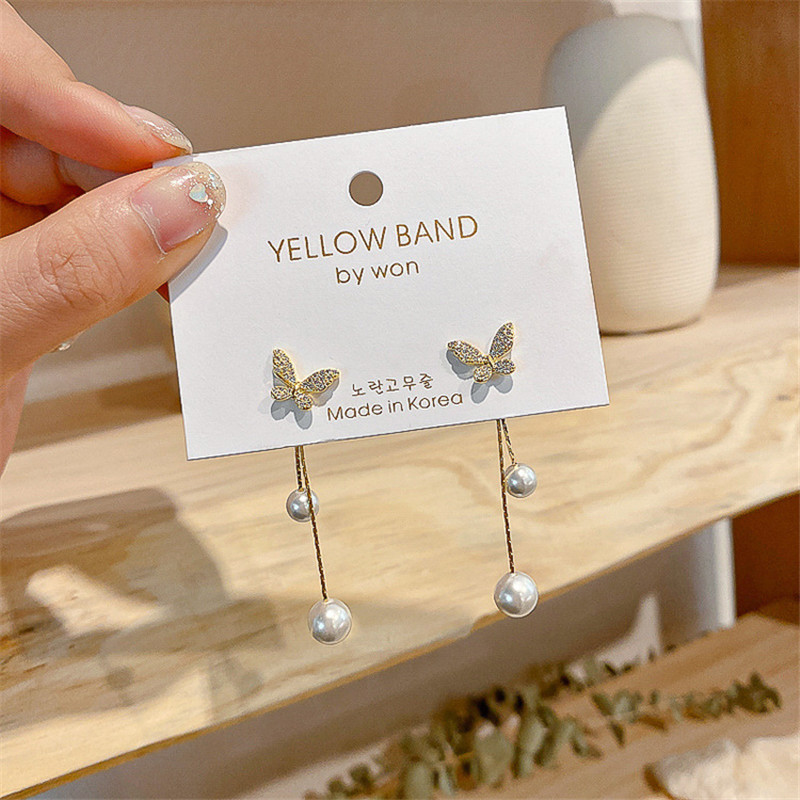 Fashion Butterfly Long Pearl Tassel Alloy Drop Earrings display picture 3