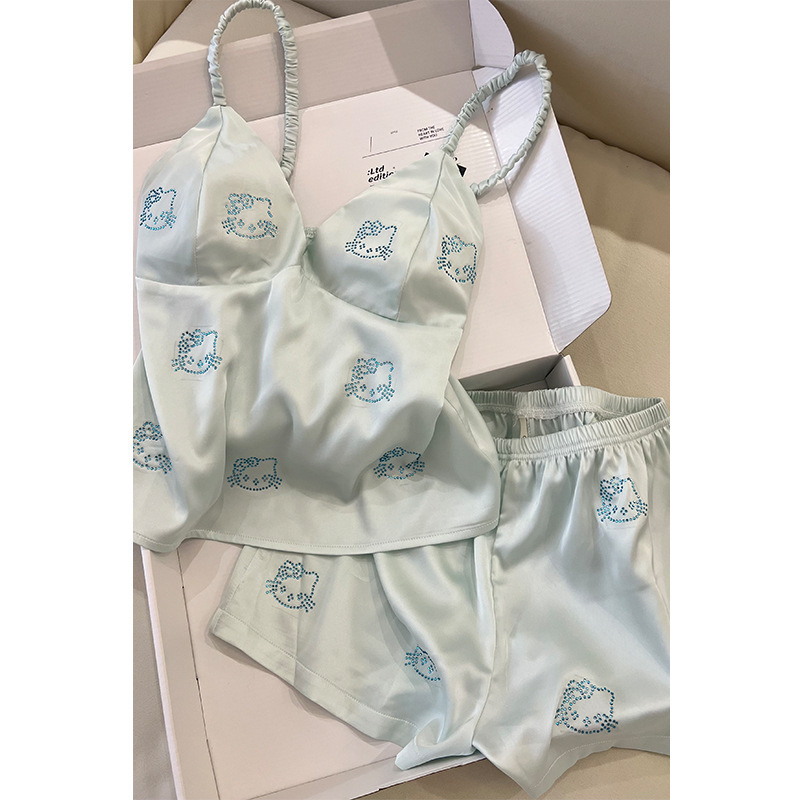 Pure Desire Cute Kitty Hot Diamond Strap Padded Suspender Pajamas Women's Summer Cool Ice Silk Home Clothes Two-Piece Set