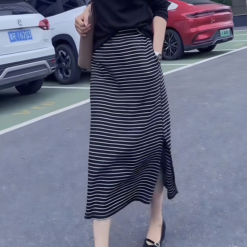 Black Striped plus size Long Skirt Women's 2025 Spring New Fashionable Western Style Simple All-Match Straight Skirt