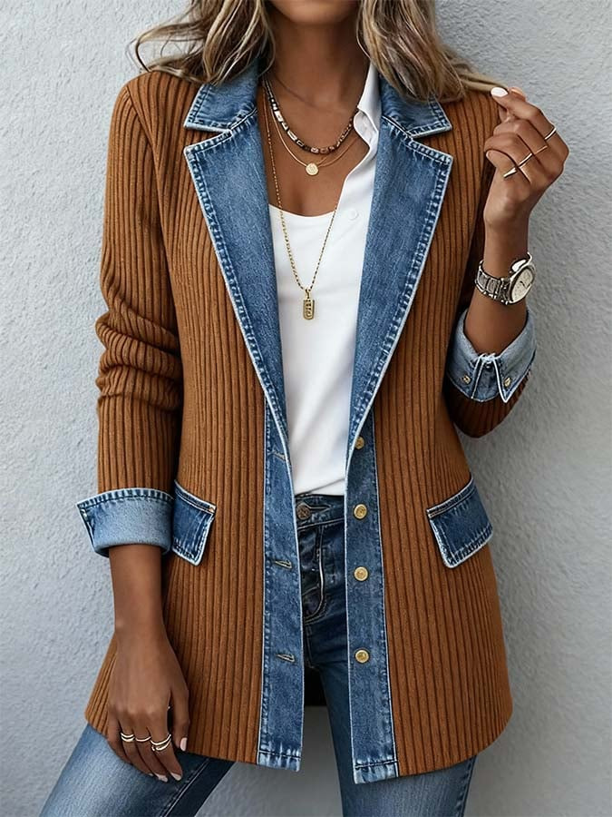 Damen Slim Fit Patchwork Jacke Elegante Langarm Übergangsjacke_voghion.com