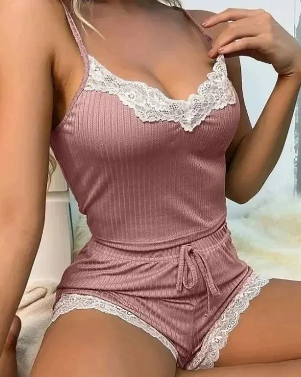 Сексуальное пижамное набор, майка, футболка, кружевные шорты, комплект, коллекция 2023 года, европейский стиль, без спинки, кружевное платье