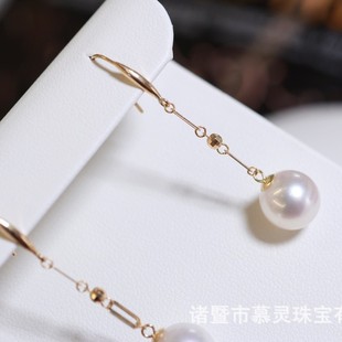 18K Gold Light Version Card Chain Laser Surface Bead Ear Hook Picture with 9-10mm Pearl Upper Ear Elegant Without Beads