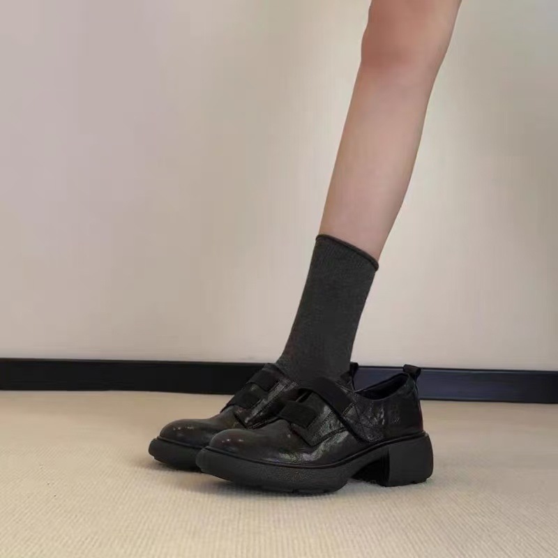 羊皮版~英伦风厚底魔术贴乐福鞋女一脚蹬真皮舒适粗跟静音小皮鞋|undefined