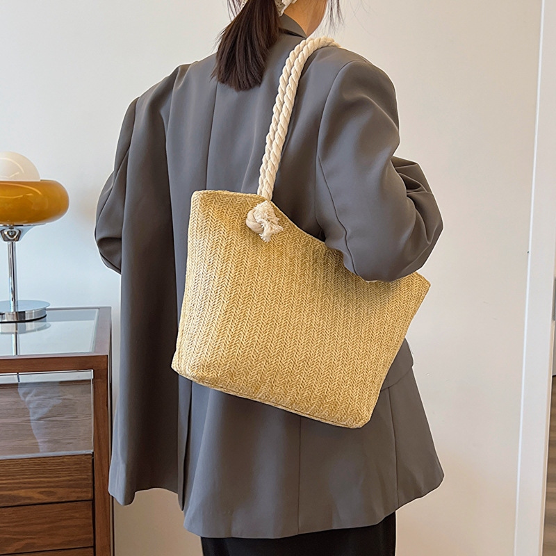 Handmade Rattan Woven Shoulder Bag With Leather Trim And Handle_voghion.com