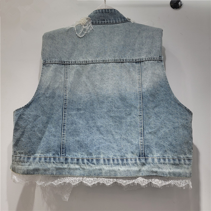 Coreano retro cuello redondo mano clavado plumas encaje empalme chaleco de vaquín mujeres 2026 primavera y verano nuevo image 2