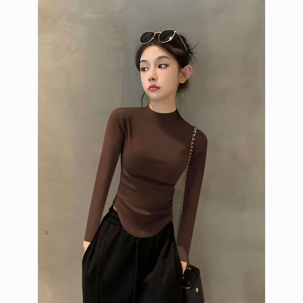 2025 New Autumn and Winter Half Turtleneck Long-Sleeved Bottoming Shirt for Women with Curved Hem Design and Tight Inner Top
