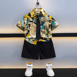 男童夏季短袖衬衫套装2025新款1-2岁3儿童痞帅洋气衬衣4宝宝5夏装