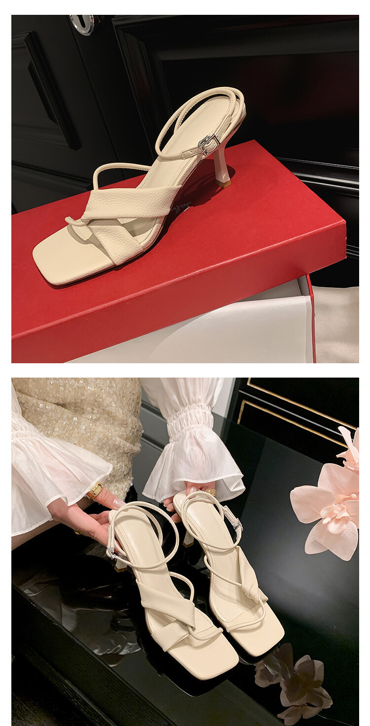 Sandal cao gót nữ hở mũi quai khóa cổ chân gót nhọn 9 cm — Màu vàng, Màu trắng be, Màu bạc chi tiết 12