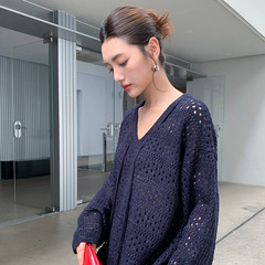 FONE简禾慵懒松弛感镂空毛衣女2025秋季新款V领叠穿针织罩衫58250