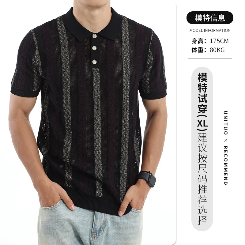 Europa y América hombre hielo de punto camiseta polo de manga corta Jacquard rayas con cuello superior de negocios casual hombre