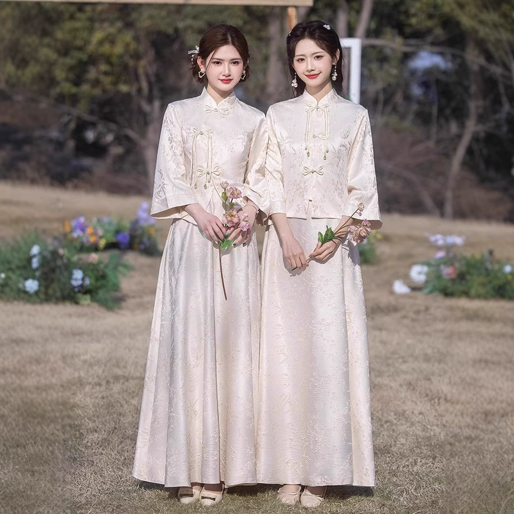 Bridesmaid dress, spring summer cheongsam, evening dress, skirt, Chinese style, champagne color