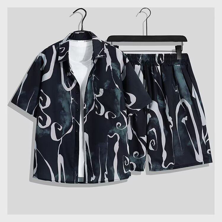 Beach vacation outfit, men's summer lightweight loose casual cool style shirt and shorts two-piece set