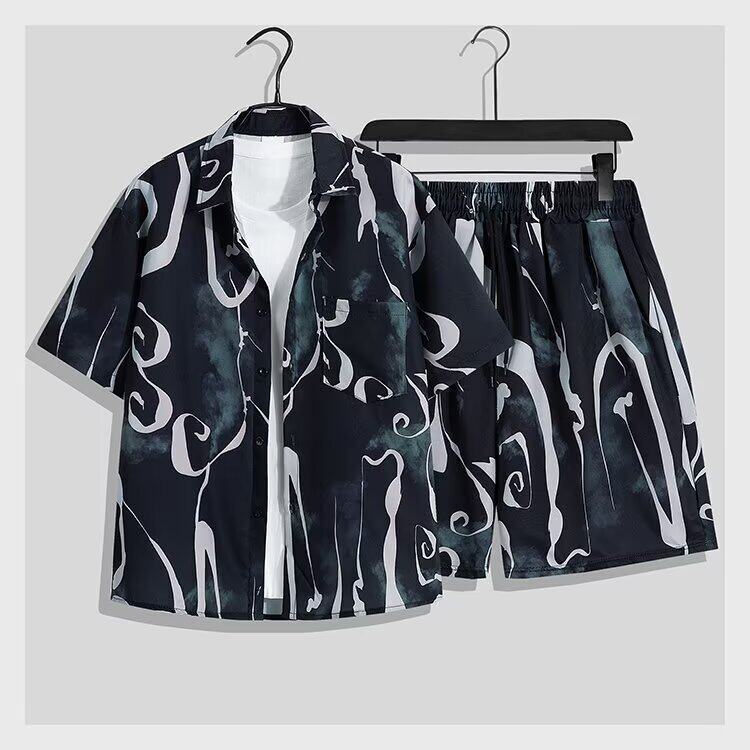 Beach vacation outfit for men: summer thin loose casual stylish shirt and shorts two-piece set