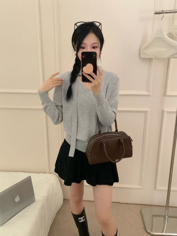 韩系设计感优雅飘带V领修身长袖针织衫女秋冬显瘦毛衣打底衫上衣|undefined