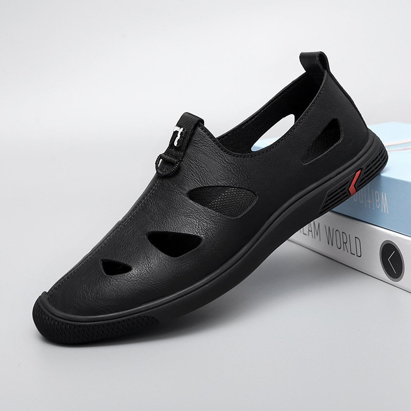 Zapatos de cuero huecos negros para hombres jóvenes ventilados con un pedal sandálias de suela suave negocios británicos zapatos casuales de verano