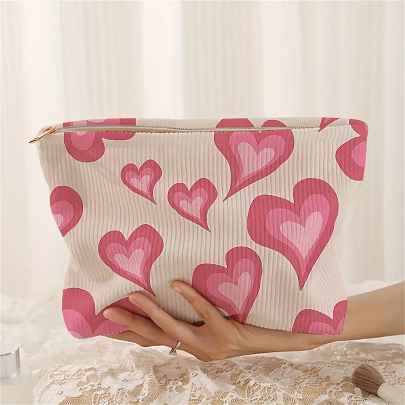 Temu Amazon Shein Hand-Painted Pink Asymmetrical Heart Corduroy Zipper Storage Bag Lightweight Cosmetic Bag
