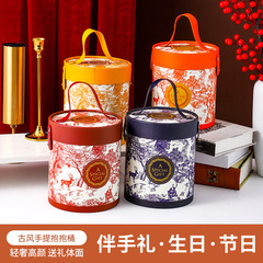 中国風の結婚式のお菓子箱、祝祭用のギフトボックス、円筒形の蓋付きハンドル付きキャンディボックス、抱き桶型の紙箱