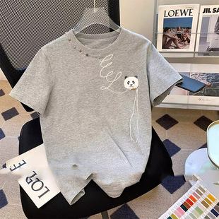 200 Jin Chubby Sister Grey Shoulder Short-sleeved T-shirt Women's 2025 New Summer Super Beautiful Unique Beautiful Clothes