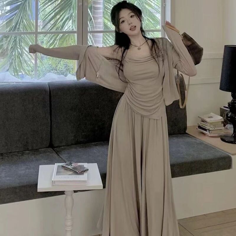 Lazy Casual Suit for Women Spring & Fall New Style Asymmetrical Suspender Cardigan High Waist Floor-Length Pants Slimming Look Three-Piece Set