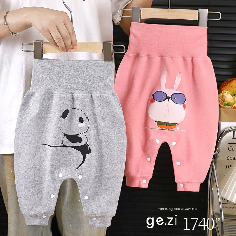 Baby Big Pp Pants Spring & Fall Pure Cotton High Waist Belly Protection Snap Button No Need to Take Off 7A Antibacterial Outer Pants for Male and Female Babies