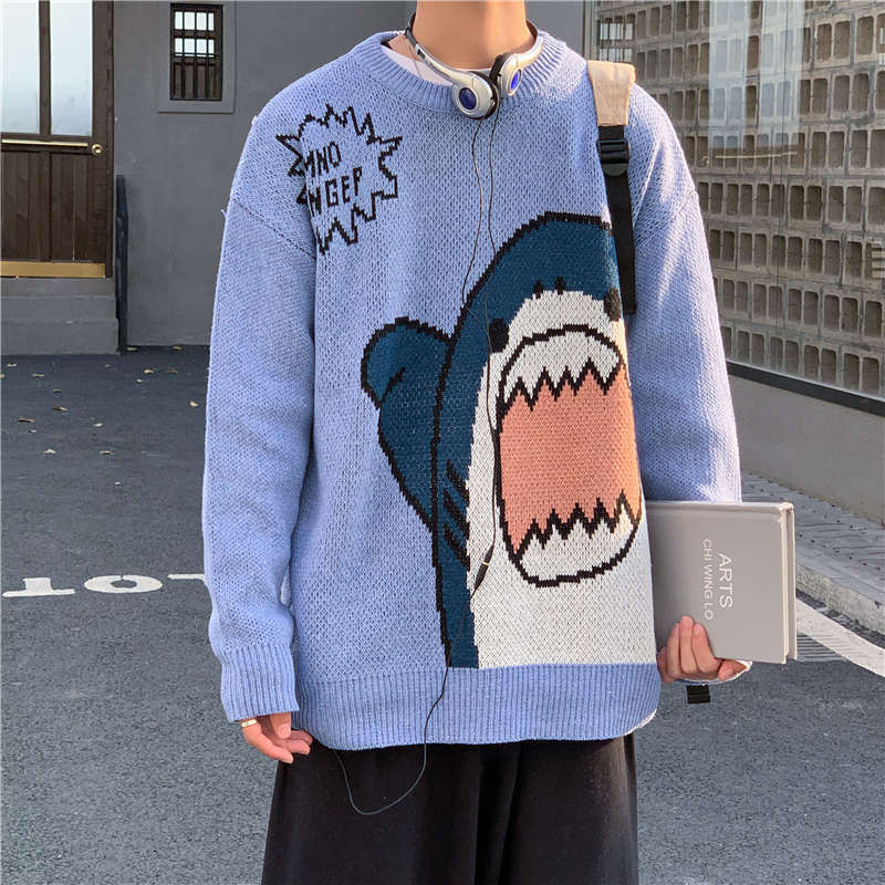 Spring and Autumn Sweater Cartoon Shark Crewneck Couple Sweater Men's Trendy Brand Loose Korean Style Sweater Hong Kong Style Jacket