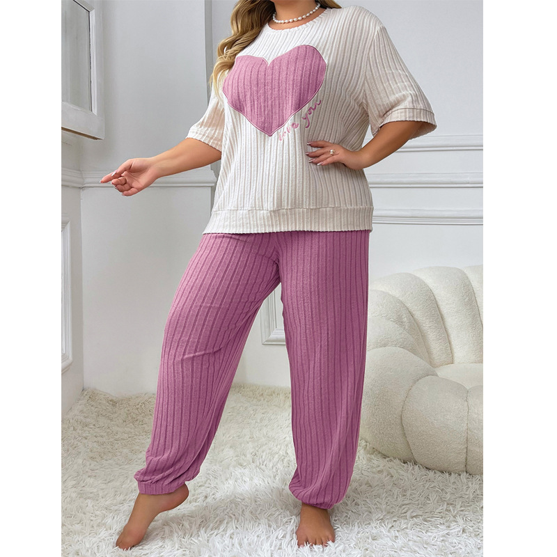 ChicShe European And American Style Round Neck Short Sleeve Long Pants Pajama Set For Women, Autumn New High-end Loose Heart_ecoleips.com