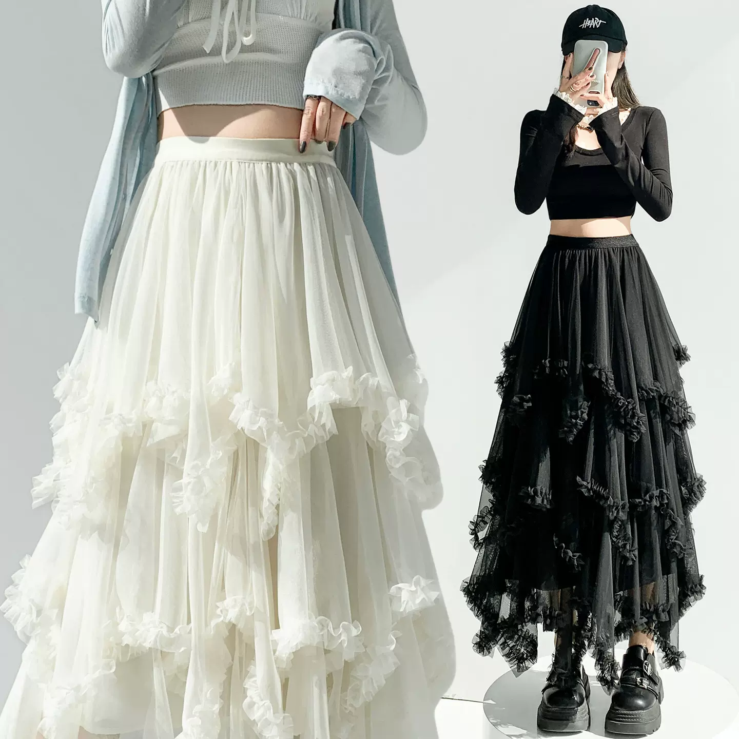 不规则网纱百褶半身裙女春季小个子高腰显瘦垂感a字伞裙大摆长裙