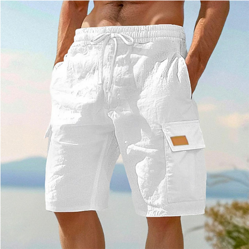 Cross-Border European and American Men's Beach Casual Breathable Cotton and Linen Loose Workwear Multi-Pocket Squat Jogging Casual Shorts for Men