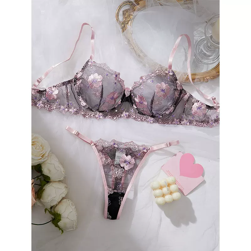 跨境新款情趣蕾丝黑粉刺绣内衣细带性感法式高品质情趣文胸套装