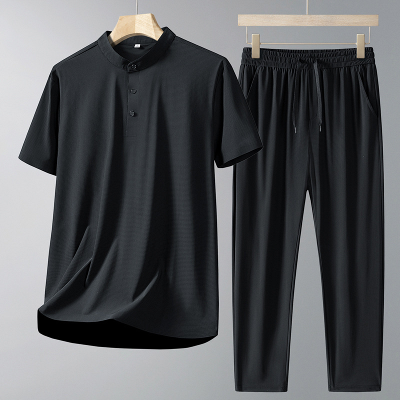 Papá traje casual de verano para hombre con cuello alto, nueva camiseta de manga corta de seda de hielo, pantalones finos de verano de secado rápido, traje de dos piezas para hombre