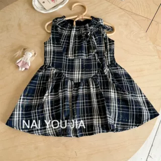 奶油夏季女童格子连衣裙女宝宝系带背心裙儿童棉质抽褶裙子潮跨境